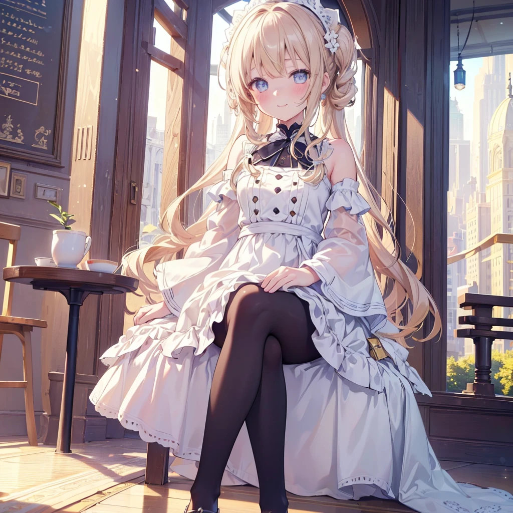 1 girl, ((masterpiece)), ((best quality)), Amazing, beautiful detailed eyes, finely detailed, depth of field, extremely detailed CG unity 8k wallpaper, full body, teenage, sitting, cafe, blush, smile, (ultra-detailed),(detailed light), (sunlight),