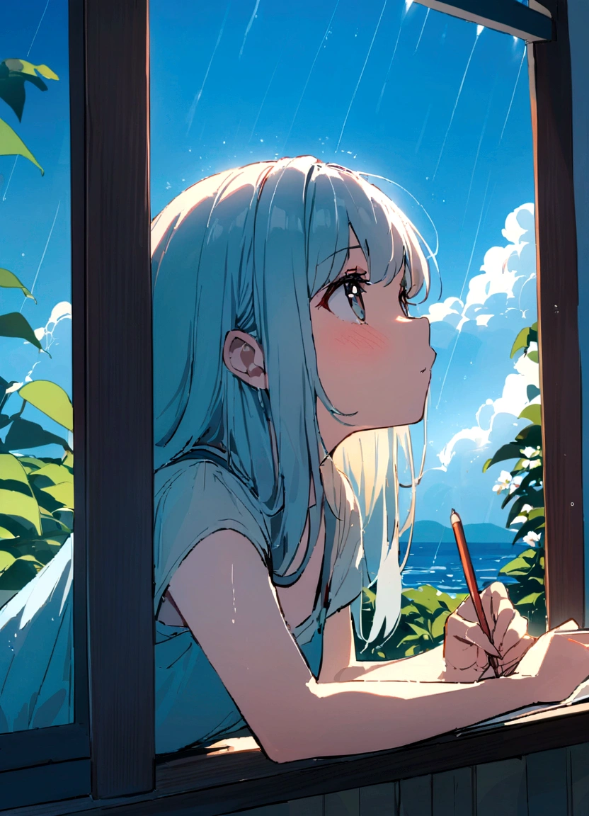 wallpaper，masterpiece，Highest quality，Movie stills，A girl doing homework by the window，The girl looked up at the sky behind her..，It's raining、summer
