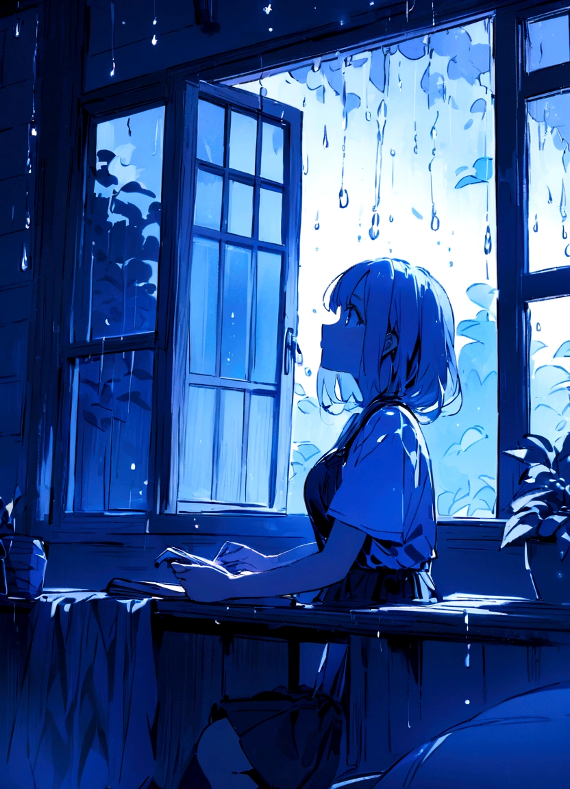 wallpaper,masterpiece,Highest quality,Movie stills,A girl doing homework by the window,The girl looked up at the sky behind her..,It's raining、summer