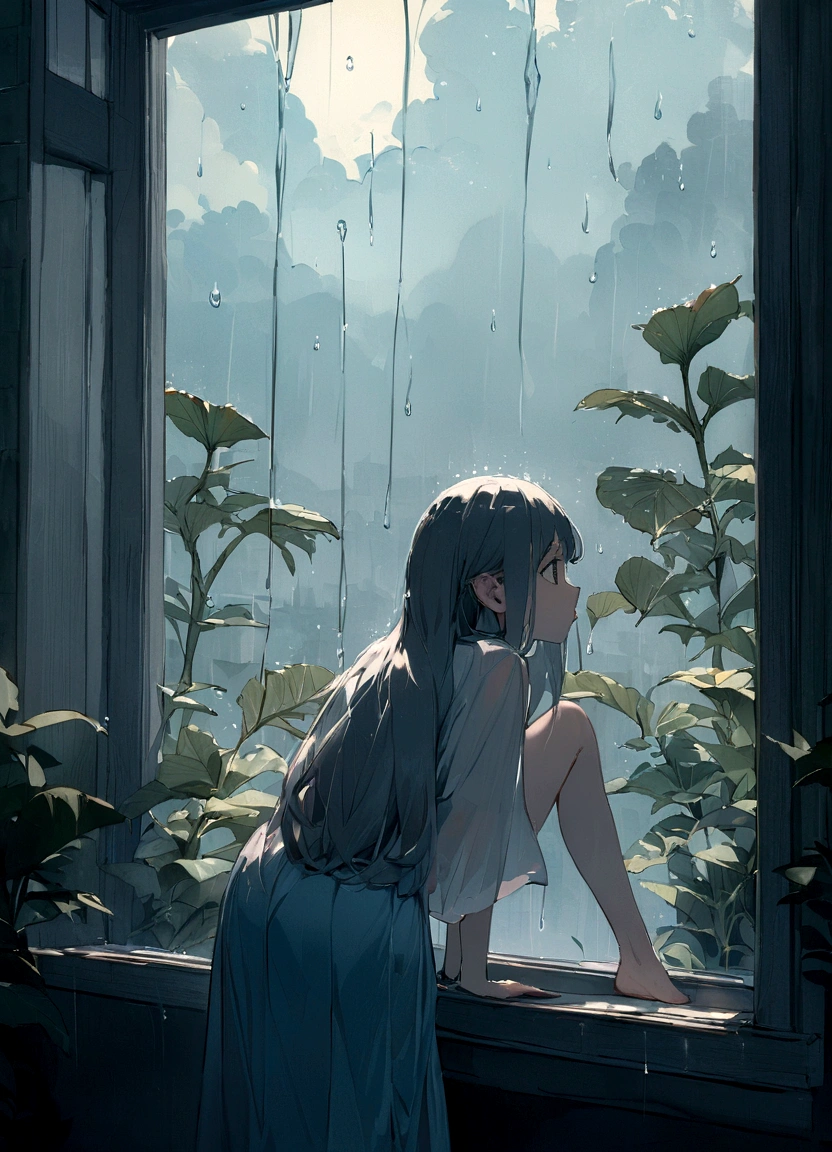 wallpaper,masterpiece,Highest quality,Movie stills,A girl doing homework by the window,The girl looked up at the sky behind her..,It's raining、summer