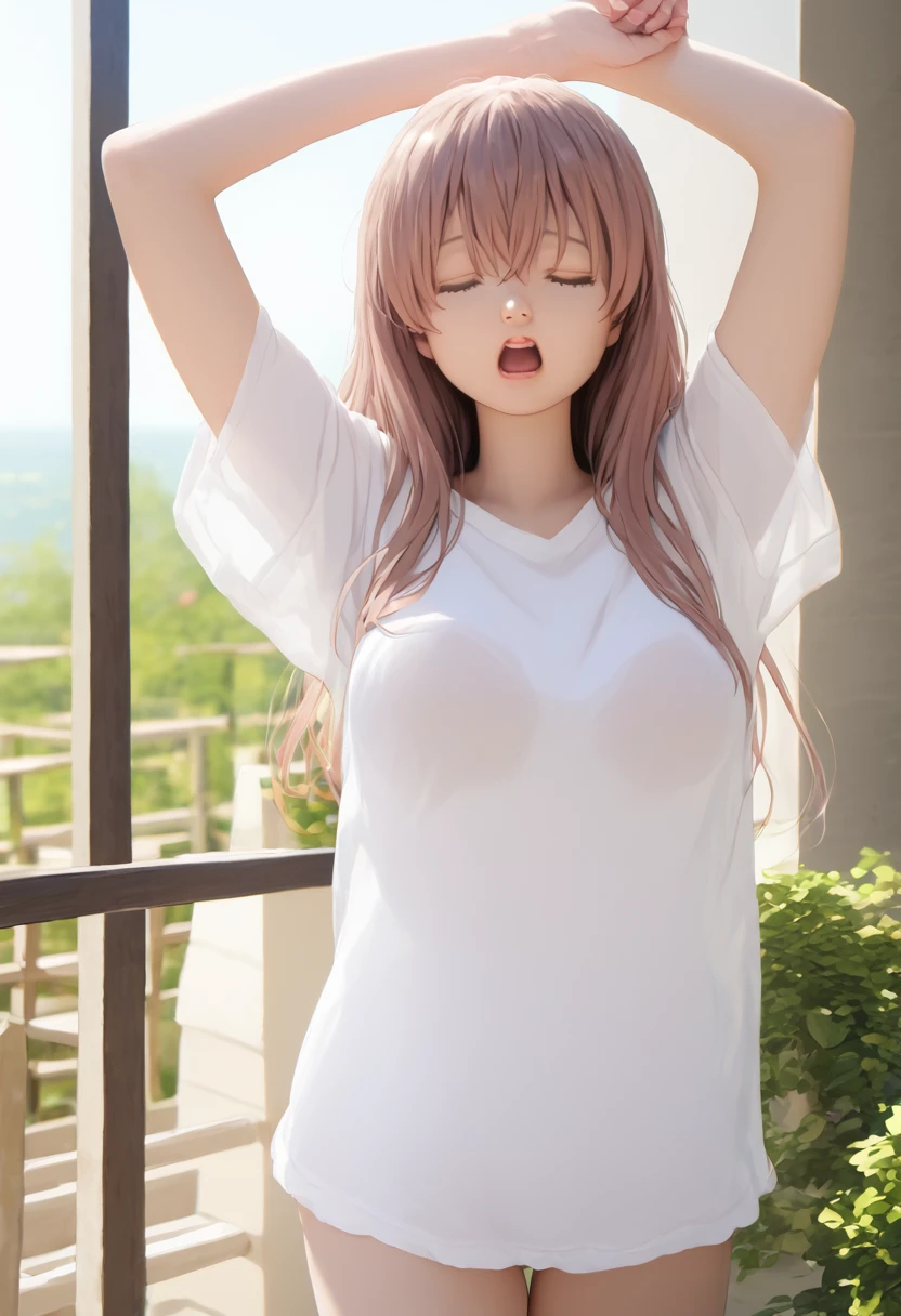 score_9,score_8_up,score_7_up,masterpiece,best quality, source anime, photorealistic, hyperrealistic, 8k,photo,raw,super detailed, extreme detailed, rating_explicit, 
1girl, standing, (arms up, Stretching), Yawning, covering mouth, cowboy shot, 
BREAK girl, shouko nishimiya, 18yo, long hair, pink brown hair, bangs between eyes, brown eyes, (large breasts:0.9),
shiny hair, beautiful detailed eyes, beautiful face,
white long shirt, (see through:1.2), oversized clothes, (zettai ryouiki:1.4), bare thighs, 
sleepy, (closed eyes:1.2), wide open mouth,
outdoors, Apartment balcony, morning, sunlight,