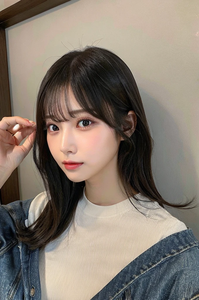 NSFW、（Big Tits、valley、Tight T-shirt）、Beauty、Denim Skinny Bones、double eyelids、Tear bags、Big, round eyes、Long eyelashes）、highest quality
