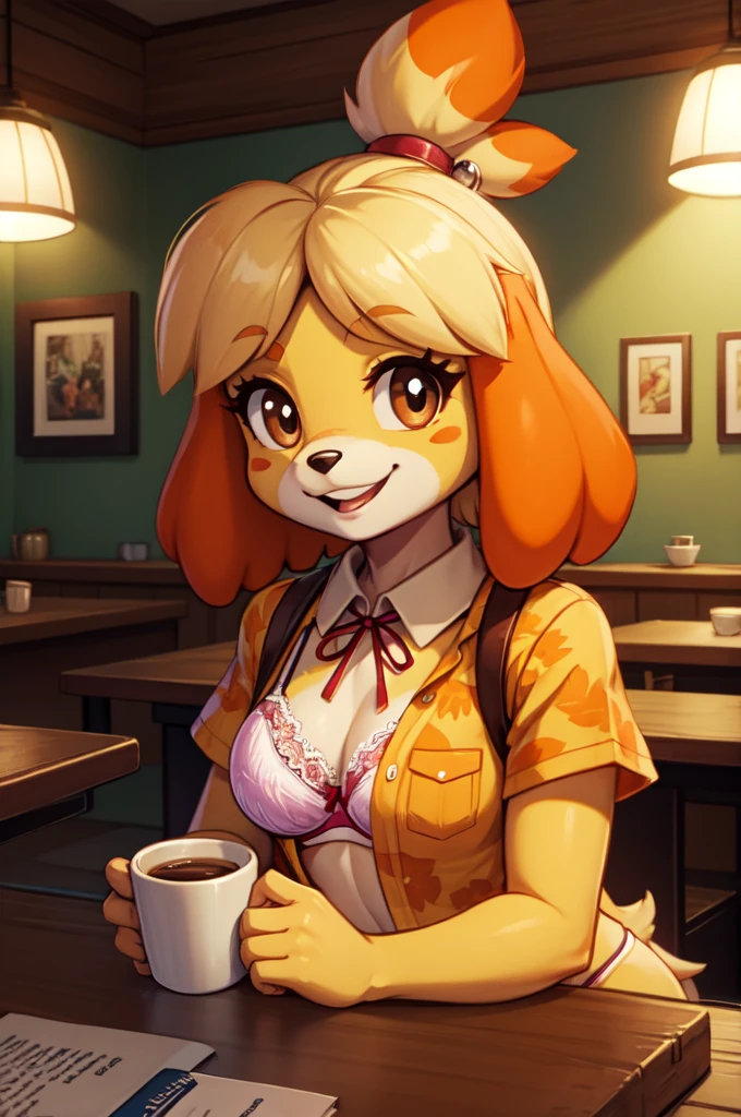 isabelle \(animal crossing\), furry, yellow skin, ((orange hawaiian shirt, open clothes, white bra, white panties)), looking at viewer, smiling, happy, sitting, upper body shot, behind a table, inside cafe, holding  coffee cup, playful ambiance, high quality, masterpiece, 