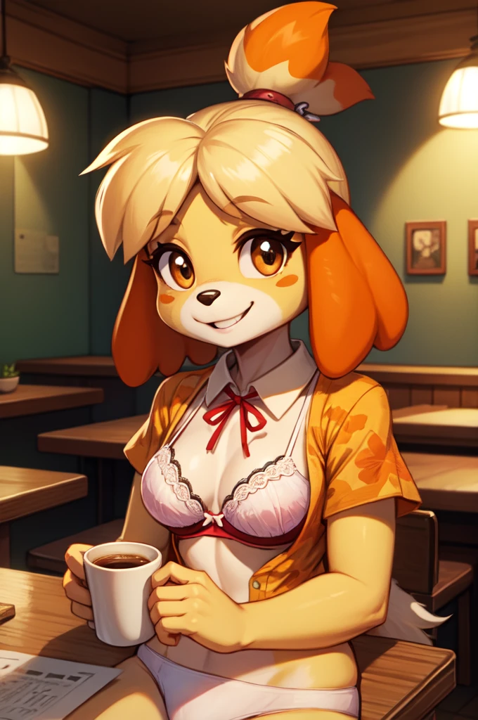 isabelle \(animal crossing\), furry, yellow skin, ((orange hawaiian shirt, open clothes, white bra, white panties)), looking at viewer, smiling, happy, sitting, upper body shot, behind a table, inside cafe, holding  coffee cup, playful ambiance, high quality, masterpiece, 