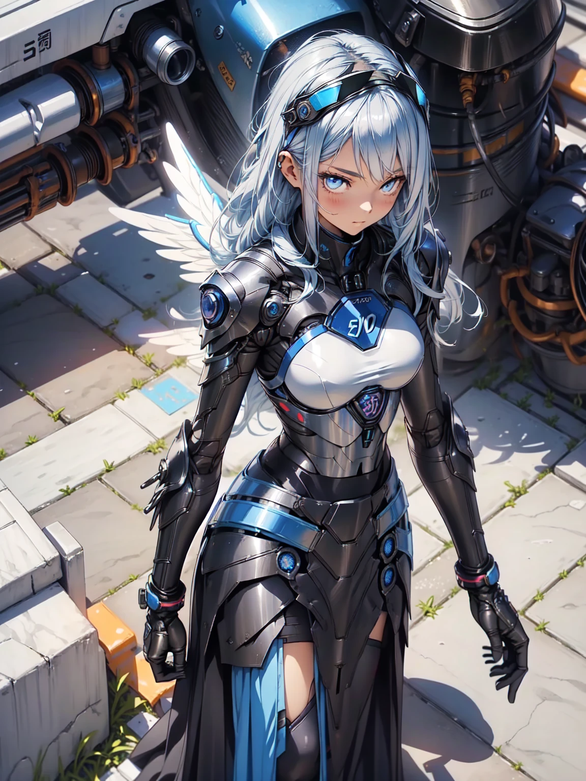 (Subtle manga style:1.1), Cool Beauty, (One Woman:1.0), (20-year-old:1.0), (Small breasts:1.2), Outdoor, Day, sunny, Outdoorで飛ぶ, Over European cities, (Wide Shot:1.0), (Written boundary depth:1.1), (From the side: 0.7), (From above:1.0), break、（Anime Face:1.0), (Clear blue eyes:1.0), (Cybernetic Genoid:1.1), (Very detailed mech suit:1.3), (Blue Gothic Breastplate:1.2), (Long silver hair:1.0), (Blue luxury skirt:1.3), (Decorative embroidery:1.0), (Angel Wings:1.1)