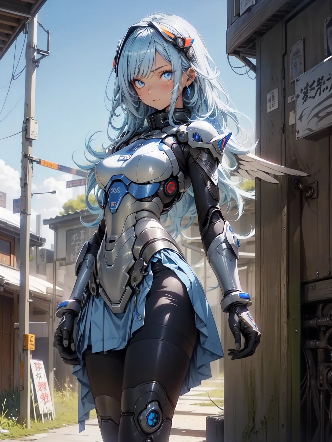 (Subtle manga style:1.1), Cool Beauty, (One Woman:1.0), (20-year-old:1.0), (Small breasts:1.2), Outdoor, Day, sunny, Outdoorで飛ぶ, Over European cities, (Wide Shot:1.0), (Written boundary depth:1.1), (From the side: 0.7), (From above:1.0), break、(Anime Face:1.0), (Clear blue eyes:1.0), (Cybernetic Genoid:1.1), (Very detailed mech suit:1.3), (Blue Gothic Breastplate:1.2), (Long silver hair:1.0), (Blue luxury skirt:1.3), (Decorative embroidery:1.0), (Angel Wings:1.1)