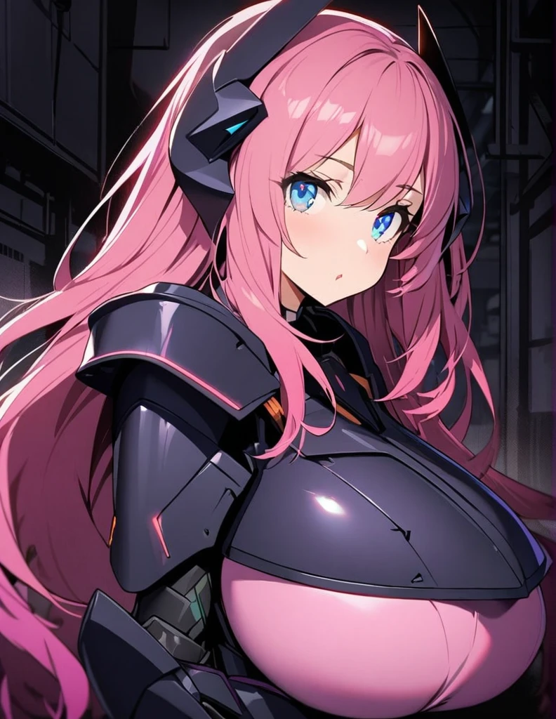 1girl,solo,pink hair color,long hair,light blue eyes,super huge breasts,Wearing black sci-fi armor,Armor adheres closely to body lines,Cool expression,close mouth,In a dimly lit warehouse,looking at viewer,holding a gun pointed at us,
