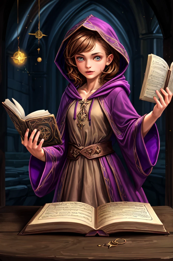 One girl,Short with brown hair,Wizard,Wearing a hood,Wearing a robe,Reading a spellbook,Colorful magic is flying
