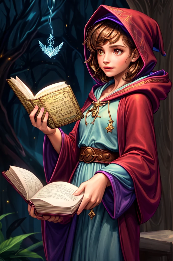One girl,Short with brown hair,Wizard,Wearing a hood,Wearing a robe,Reading a spellbook,Colorful magic is flying