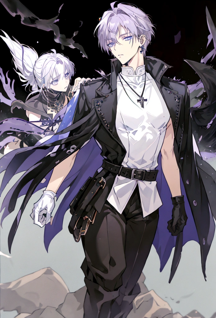 anime styling, best qualityer, white male, pale,Messy hair, weak purple hair, clear blue eyes, bangs covering one eye, right eye covered, piercings na orelha, expression of boredom, tight bodice, white clothing covering the shoulders, voluminous bouffant, Black boots, doctor, RPG, medieval theme, Malignant, black leather gloves with metallic details, necklace that hangs around the neck, dark circles in the eyes, long black cape, leather sheath with blades, leaning posture, standing, loose pants, Scrawny
