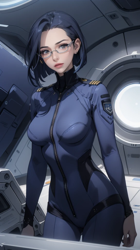 a beautiful young girl with short blue hair, a light smile, brown eyes, hair clips, lips, stud earrings, semi-rimless eyewear, wearing a glossy blue bodysuit, with a large buttocks and large breasts, (best quality,4K,8K,highres,masterpiece:1.2),ultra-detailed,(realistic,photorealistic,photo-realistic:1.37),highly detailed face, extremely detailed eyes and face, long eyelashes, beautiful detailed eyes, beautiful detailed lips, concept art, cinematic lighting, vibrant colors, hyper-realistic,((Navy blue bodysuit))(Glasses)((Inside the spaceship))