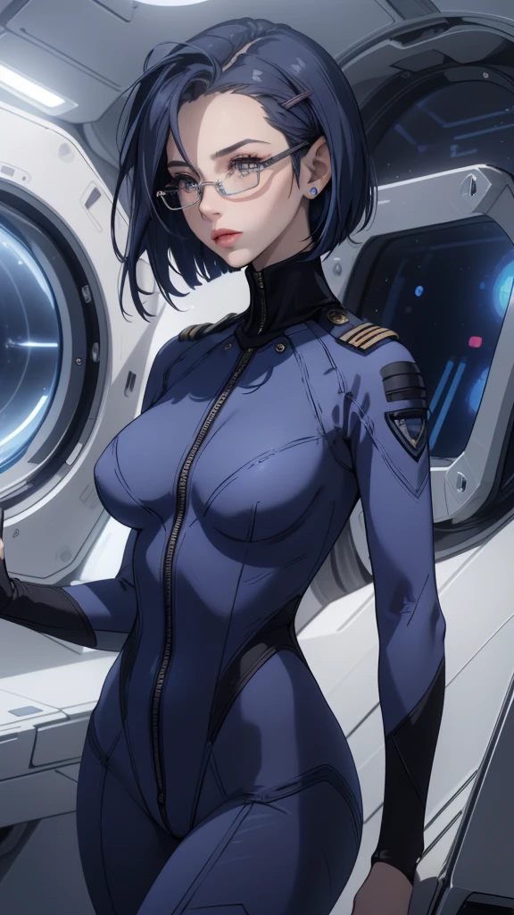 a beautiful young girl with short blue hair, a light smile, brown eyes, hair clips, lips, stud earrings, semi-rimless eyewear, wearing a glossy blue bodysuit, with a large buttocks and large breasts, (best quality,4K,8K,highres,masterpiece:1.2),ultra-detailed,(realistic,photorealistic,photo-realistic:1.37),highly detailed face, extremely detailed eyes and face, long eyelashes, beautiful detailed eyes, beautiful detailed lips, concept art, cinematic lighting, vibrant colors, hyper-realistic,((Navy blue bodysuit))(Glasses)((Inside the spaceship))