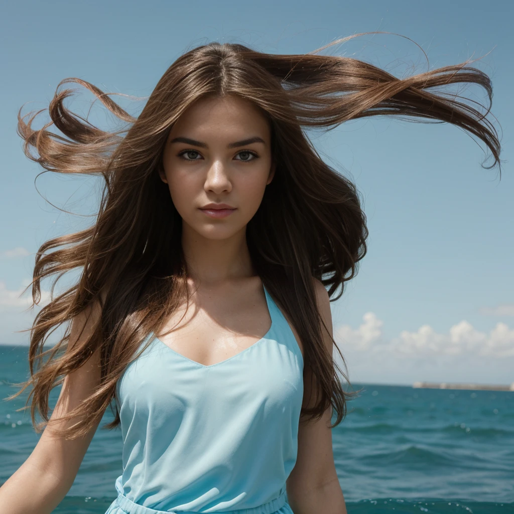 a woman with long hair in wind, in the style of pop inspo, hyper-realistic water, animated gifs, mario testino, close up, soft and dreamy, sky-blue and brown 