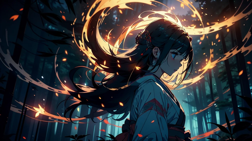 An enchanting scene set in a deep forest at midnight, illuminated by numerous fireflies. The scene features trees and an anime-style girl wearing a kimono. Her hair flows in the wind, and she is viewed from a low angle in profile, with moonlight casting a gentle glow. The overall atmosphere is magical and dreamlike.