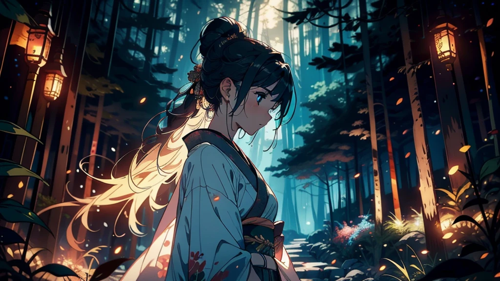 An enchanting scene set in a deep forest at midnight, illuminated by numerous fireflies. The scene features trees and an anime-style girl wearing a kimono. Her hair flows in the wind, and she is viewed from a low angle in profile, with moonlight casting a gentle glow. The overall atmosphere is magical and dreamlike.