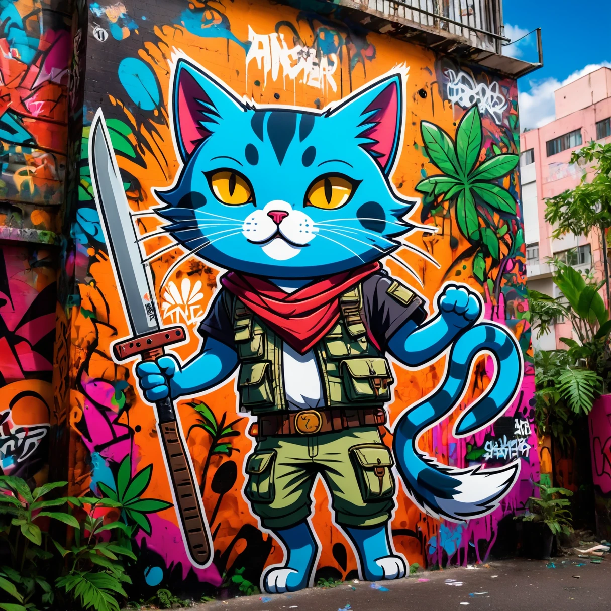 Graffiti style anime style, adventurer cat, dense jungle, holding a machete . Street art, vibrant, urban, detailed, tag, mural, high quality photography, 3 point lighting, flash with softbox, 4k, Canon EOS R3, hdr, smooth, sharp focus, high resolution, award winning photo, 80mm, f2.8, bokeh