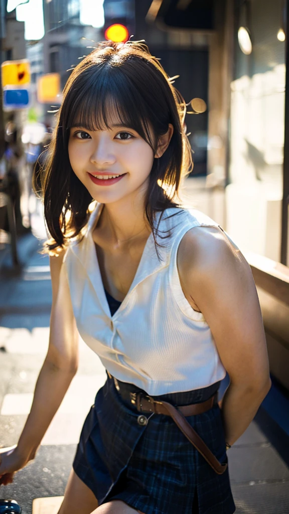 (Highest quality,masterpiece:1.3,Ultra-high resolution),(Very detailed,Caustics,8K),(Realistic:1.4,RAW shooting),1 Girl,(Smiling and looking down at the camera),(Front shot:1.1),(look forward to),Age 25,cute,Japanese,glamorous,(Small Tits),( close),(Chest Focus),street,sunlight,Natural light,(Backlight),(A bright light shines from behind),(Lens flare),Professional Writing,(Cowboy Shot),(Low position:1.3),(Low Angle:1.3),mini skirt,Trending Fashion,Full Body Shot,Natural Makeup,No makeup