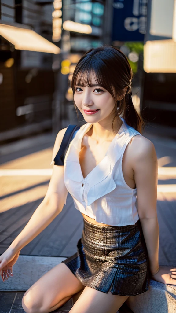 (Highest quality,masterpiece:1.3,Ultra-high resolution),(Very detailed,Caustics,8K),(Realistic:1.4,RAW shooting),1 Girl,(Smiling and looking down at the camera),(Front shot:1.1),(look forward to),Age 25,cute,Japanese,glamorous,(Small Tits),( close),(Chest Focus),street,sunlight,Natural light,(Backlight),(A bright light shines from behind),(Lens flare),Professional Writing,(Cowboy Shot),(Low position:1.3),(Low Angle:1.3),mini skirt,Trending Fashion,Full Body Shot,Natural Makeup,No makeup