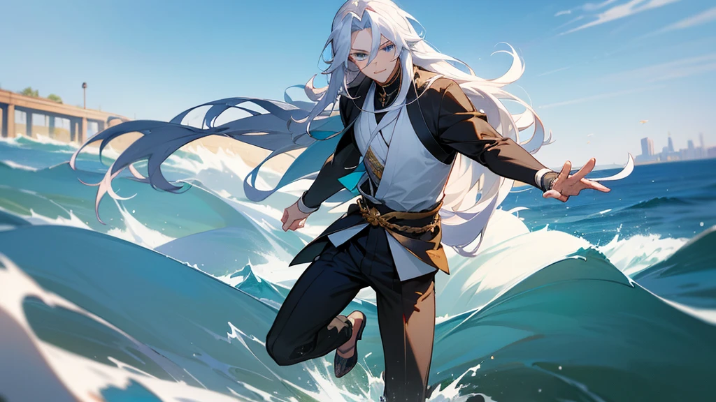 一peopleで, Handsome man, 1people, 1:4 masterpieces, Anime character with long white hair and blue eyes runs through Ocean City, 《The original god》Ketchin', Handsome man with demon-slaying skills, 《The original god》Zhongli, Zhongli, White-haired God, Tall anime character with blue eyes, Genshin characters, onmyoji portrait, Kashmir Art, Beautiful androgynous prince, Haise Jinyao,Black and blue shirt, Black suit,White coat, Sports Late, people々Small blue seahorses around, Focus Viewer, water, Sports Late, waterの力を解き放つ, Laughing, Playing with Water Dragons, Do not tie your hair, Cruel face