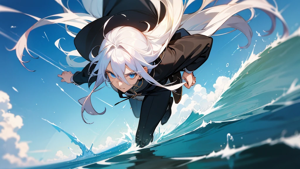 一peopleで, Handsome man, 1people, 1:4 masterpieces, Anime character with long white hair and blue eyes runs through Ocean City, 《The original god》Ketchin&#39;, Handsome man with demon-slaying skills, 《The original god》Zhongli, Zhongli, White-haired God, Tall anime character with blue eyes, Genshin characters, onmyoji portrait, Kashmir Art, Beautiful androgynous prince, Haise Jinyao,Black and blue shirt, Black suit,White coat, Sports Late, people々Small blue seahorses around, Focus Viewer, water, Sports Late, waterの力を解き放つ, Laughing, Playing with Water Dragons, Do not tie your hair, Cruel face