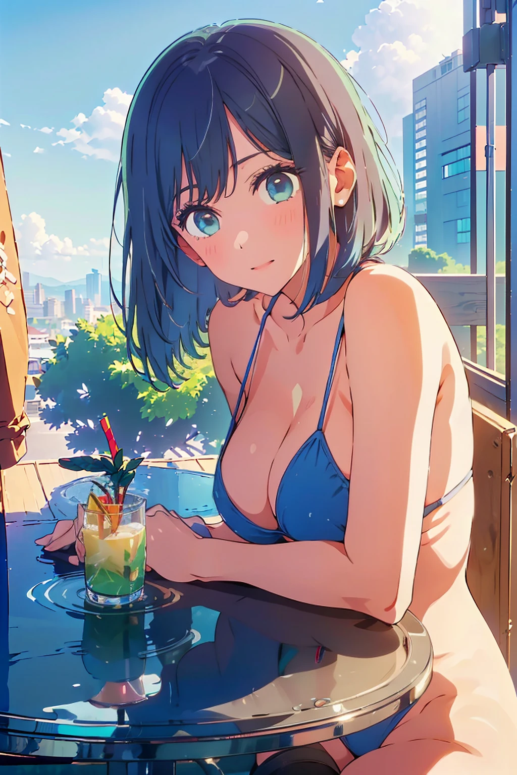 (Highest quality:1.4、masterpiece:1.4、Super detailed:1.4、Ultra-high resolution:1.4、8K:1.4)、Slim body、Big Breasts、((((1 person、Surprised expression、sit、Chair、In the background are the urban buildings of Tokyo、looking at the camera、Outdoor café terrace、juice、Get up close and take a photo、Shooting from an angle、table、Very cute face))))、((((nude、very beautiful areola))))、(Pose with hands tucked behind ears:1.4、Cheek resting on hand:1.4)、(((Take off the bikini)))、Very blue sky、A completely cloudless sky