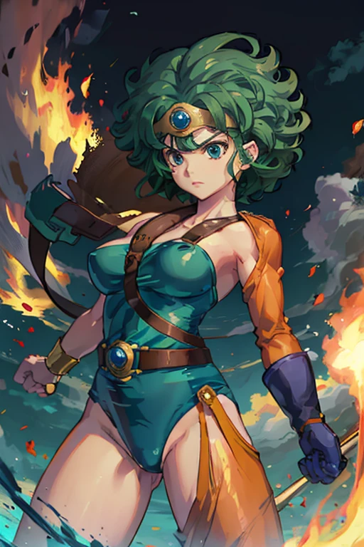 anime artwork  anime artwork masterpiece,best quality, unreal engine, ultra res, extremely detailed
ROUND BREASTS, medium BREASTS
1girl,  waist, slender,(muscular:0.9)
 HEROINE, 
CIRCLET, CURLY HAIR, GREEN HAIR, SHORT HAIR, ASYMMETRICAL CLOTHES, LEOTARD, BELT, SINGLE GLOVE, SINGLE SLEEVE, SINGLE THIGHHIGH
cave, holding sword, . anime style, key visual, vibrant, studio anime,  highly detailed.be enveloped in flames.fall on one's knees.Leotard is worn out.She can barely stand and supports herself with a sword.be on the verge of death.There are scratches all over my body.