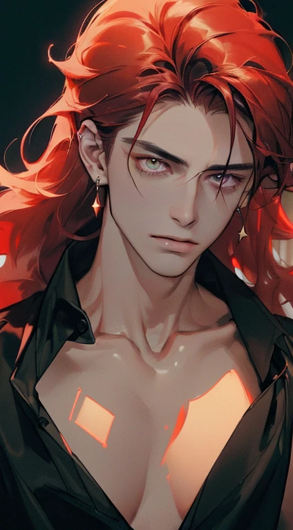(((8K, RAW photogr, Best quality at best, tmasterpiece: 1.4))), ultra high resolution, ultra - detailed, lamplight, Close-up cleavage, Handsome men, gold eyes, (detailed eyes, The eyes are bright:1.2), Medium long red hair, pale-skinned, ear piercings, Dark, Blackn clothes, Meticulous clothes, gold accessories on clothes, Sharp fangs, (perfect anatomia:1.2), Highqualityshadow, natural lightting, (White highlights:1.2), natta, overcast day, (Hand:1.2), (starrysky:1.2)