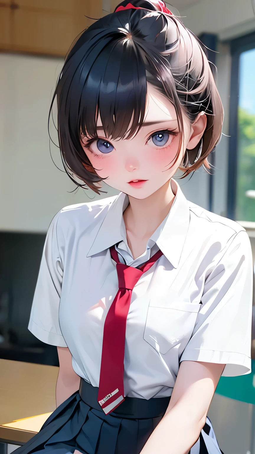 (Tabletop, Highest quality:1.2), 8K, 18-year-old, 85mm, Official Art, RAW Photos, Absurd, White dress shirt, Cute face, close, Upper Body, Viola Lace, Gardenia, beautiful girl, , (Navy Pleated Skirt:1.1), Squeeze the waist, Thighs, Short sleeve, classroom, ponytail、short hair、short hair、sit on bench seat, Looking at the audience, No makeup, (smile:0.4), Film Grain, chromatic aberration, Sharp focus, Face Light, Bright lighting, Teen, Detailed face, Background Blur, (Dark red tie:1.1)、日本の学校のclassroom、classroom
