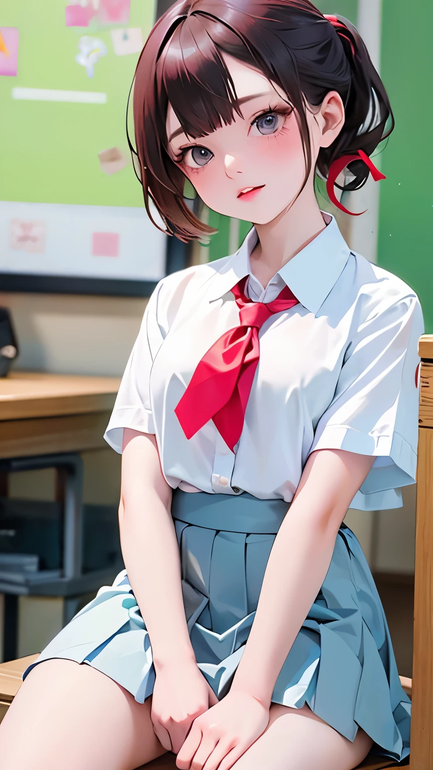 (Tabletop, Highest quality:1.2), 8K, 18-year-old, 85mm, Official Art, RAW Photos, Absurd, White dress shirt, Cute face, close, Upper Body, Viola Lace, Gardenia, beautiful girl, , (Navy Pleated Skirt:1.1), Squeeze the waist, Thighs, Short sleeve, classroom, ponytail、short hair、short hair、sit on bench seat, Looking at the audience, No makeup, (smile:0.4), Film Grain, chromatic aberration, Sharp focus, Face Light, Bright lighting, Teen, Detailed face, Background Blur, (Dark red tie:1.1)、日本の学校のclassroom、classroom
