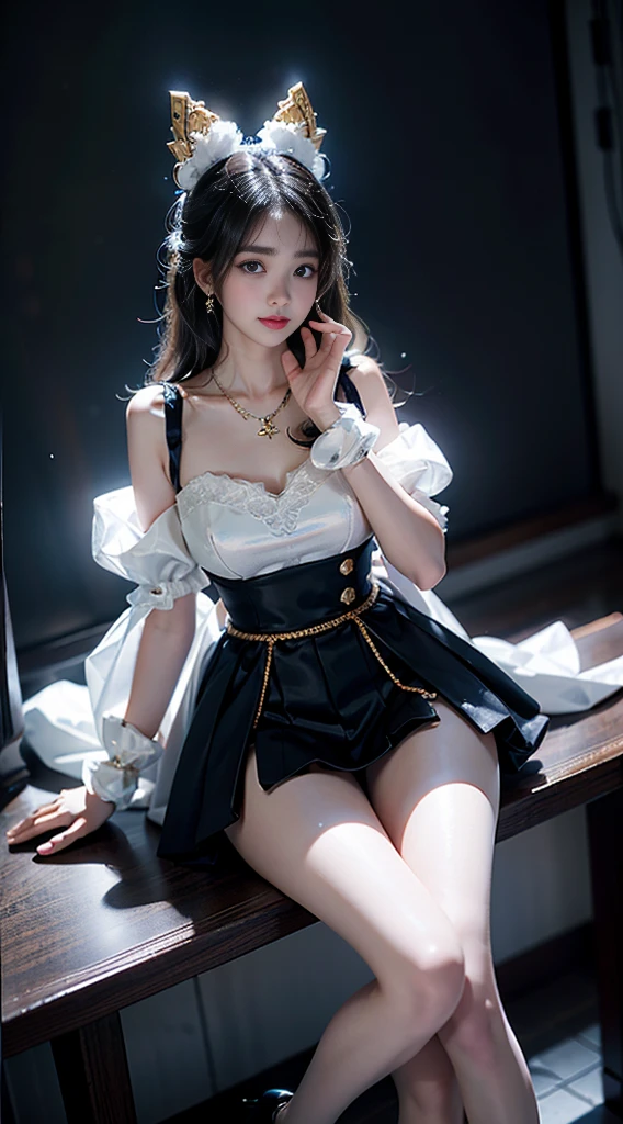 shinano role play costume, role play, High Leg Raise, High heel, transparent, Fox Tail, Many tails, ((whole body)), ((Shot from random angles)), ((Sitting)), ((In class, Sitting on the podium)), (yushuxin,1 Girl,Solitary), Clear face, Pretty Face, 8K, masterpiece, original photo, best quality, detail:1.2,lifelike, detail, Very detailed, CG, Unite, wallpaper, Depth of Field, light, lens flare, Ray Tracing, (Extremely beautiful face, Beautiful lips, beautiful eyes), complex, detail的脸, ((ultra detailed skin)), 1 girl, in the darkness, Deep Shadows, Beautiful Korean girl, Korean Idol,(Very slim figure:1.3), Full breasts, Large Breasts, Slender sexy legs, Very beautiful legs, Elegant Posture, (A bright smile), (City night, (Neon), (night), Beautiful Korean girl, White Diamond Earrings, Bracelet diameter, Deya Necklace, Clear eyes, (big eyes)