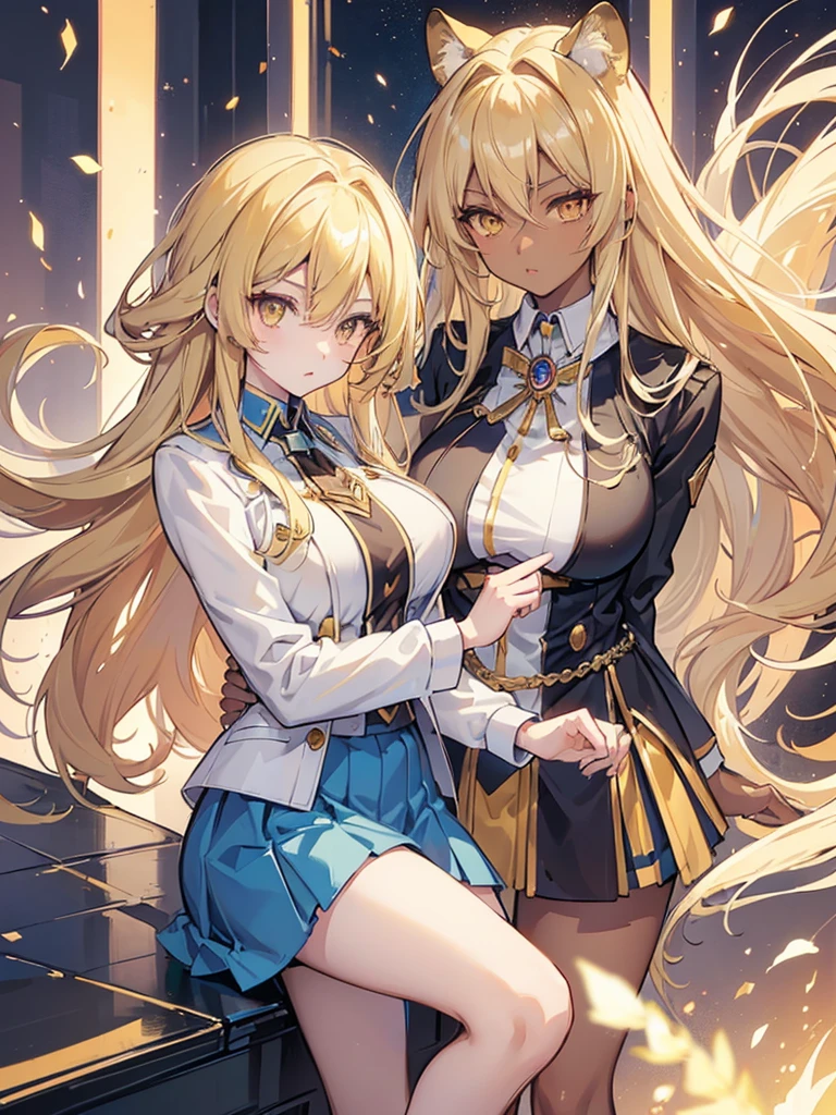 ((((masterpiece)))), high quality, very_high_resolution, large_filesize, full color,extremely detailed artwork,1 mature female((dark skin:1.5,golden eyes:1.4,Bright blonde hair:1.3,gal style,big boobs,)), Leopard-patterned underwear,tenjouin_asuka,1girl,blonde_hair,long_hair,duel_academy_uniform_\(yu-gi-oh!_gx\),brown_eyes,hair_between_eyes,large_breasts,yellow_eyes,blue_skirt,white_jacket,miniskirt,