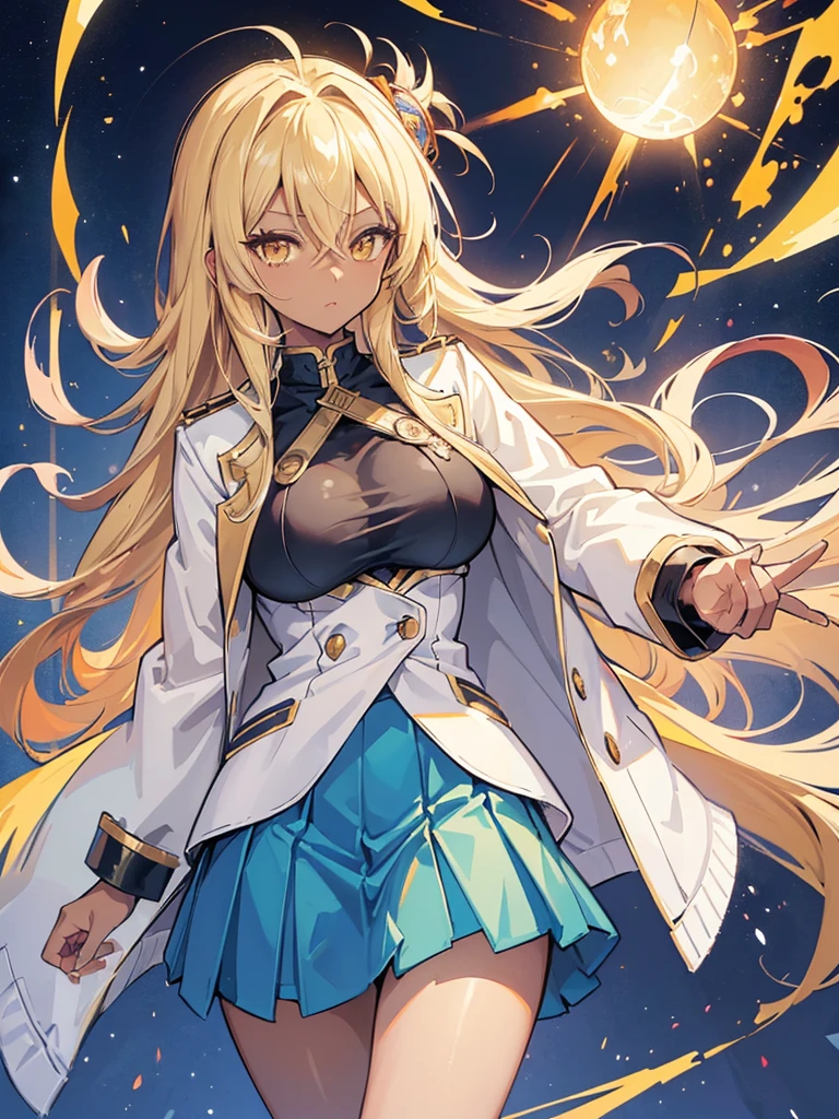 ((((masterpiece)))), high quality, very_high_resolution, large_filesize, full color,extremely detailed artwork,1 mature female((dark skin:1.5,golden eyes:1.4,Bright blonde hair:1.3,gal style,big boobs,)), Leopard-patterned underwear,tenjouin_asuka,1girl,blonde_hair,long_hair,duel_academy_uniform_\(yu-gi-oh!_gx\),brown_eyes,hair_between_eyes,large_breasts,yellow_eyes,blue_skirt,white_jacket,miniskirt,