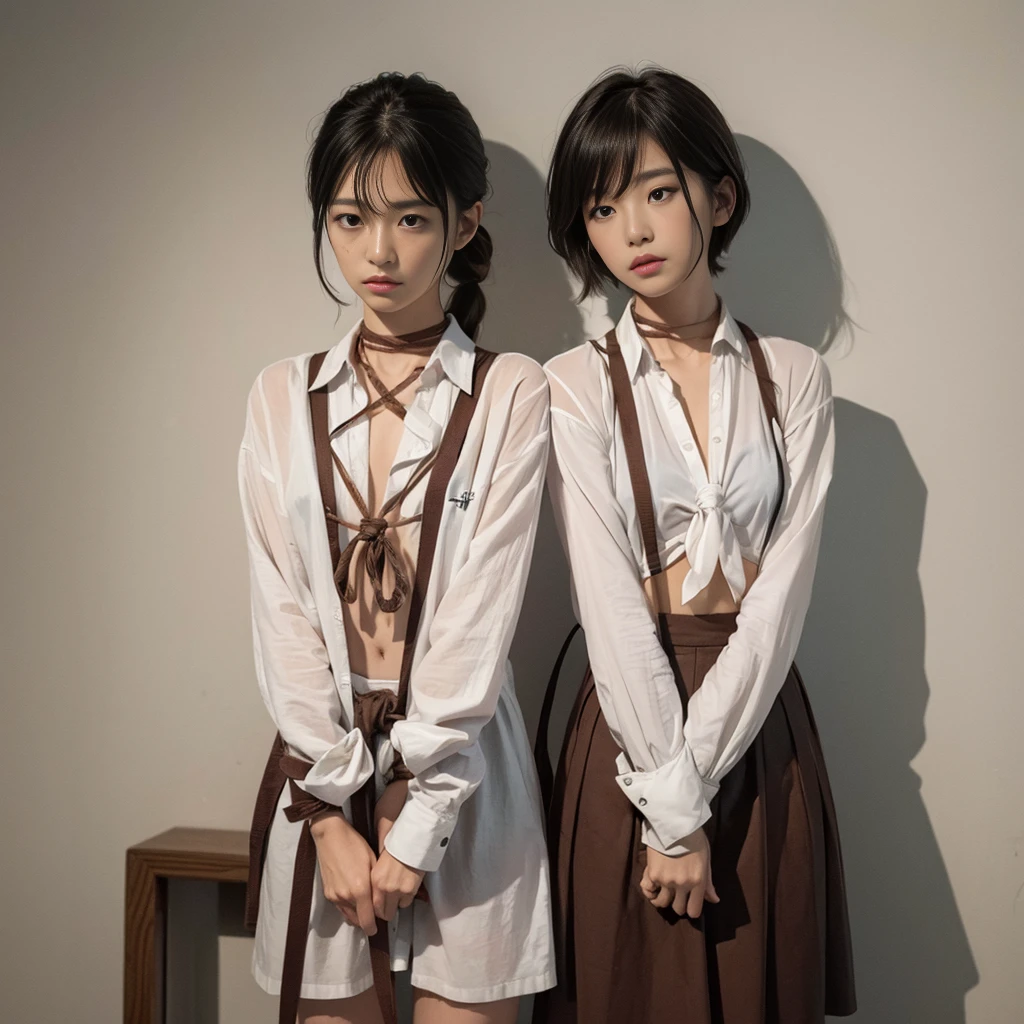 ((Tied up:1.2))、(I'Windowless、I sit alone in a dark cell lit only by candles.)、Japanese woman held captive alone、A girl with white skin and lustrous black hair、(彼の体は細いロープでTied upいる:1.5)、(背中にTied up:1.5)、(Facial expressions of anxiety and sadness:1.5)、A cute face like a Japanese idol、delicate, Big Breasts、(Skin that is wet and shiny with sweat)、((1 screen))、8K、RAW shot、Highest quality photos、masterpiece、Nice realistic pictures、(Bondage)、(Rope BDSM:1.5)、(Wearing underwear torn from torture:1.5)