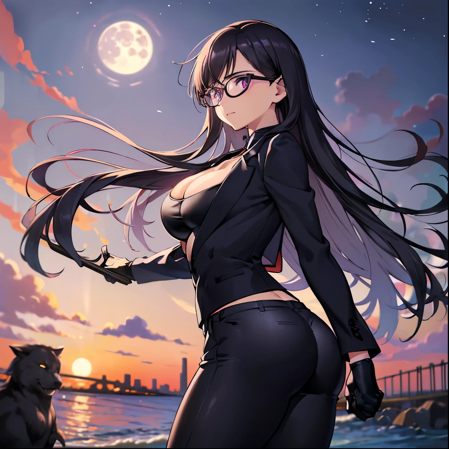 ((1 girl)),((alone)), hizuru minakata, masterpiece, ultra detailed, detailed background, sharp focus, curvy body, looking at viewer, perfect fingers, mature woman, cowboy shot, dynamic pose, long hair , black hair, black glasses, purple eyes, smiling, seductive, standing,((outdoor, night, beach, sea, standing, moon, city lights)),((black jacket, open jacket, shirtless black sleeves, cleavage, black dress pants, tight pants, brown loafers)), large breasts, medium waist, medium hips, wide thighs, round butt,((only)),looking back, from behind, ((focus on the ass), pov (from below), perfect anatomy, perfect hands