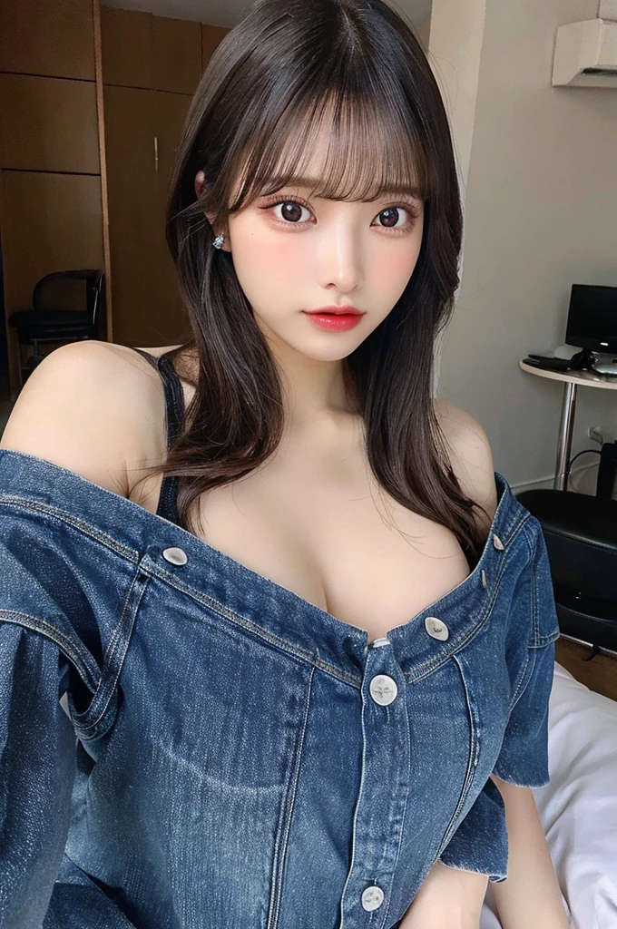 NSFW、(Big Tits、valley、Tight T-shirt)、Beauty、(Denim Skinny Bones)、double eyelids、Tear bags、Big, round eyes、Long eyelashes)、highest quality
