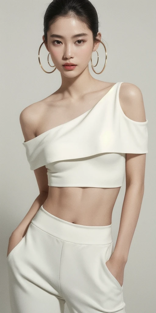 masterpiece, best quality, solo, 1girl, luminous skin, hoop earrings, glamorous, whimsical details, slicked hair, mesmerizing, bare shoulder, crop top, long pants, shallow depth of field, contrapposto, professional model, face front, portrait