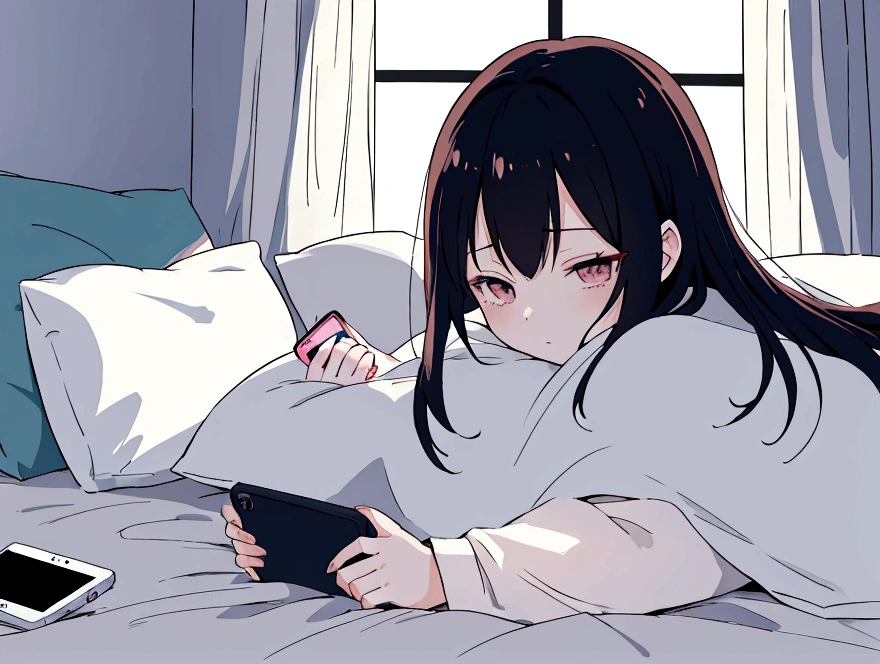 He is lying on the white floor and operating a laptop with a blank look on his face.、She was wearing a plain white long T-shirt and had straight black hair down to her waist.、A girl with cat ears who is black on the outside and white on the inside、An illustration