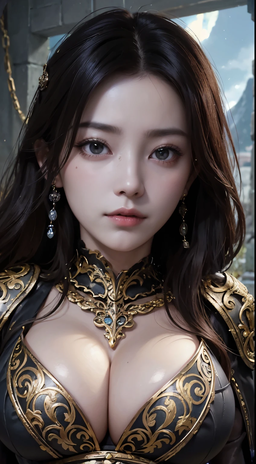 (masterpiece, highest quality, highest quality, Official Art, beautifully、beautiful:1.2), (One Girl:1.3), Light freckles, Fair skin, Very detailed, Portraiture, View audience, alone, (whole body:0.6), detailed background, close, (Warm Meadow theme:1.1), Paladin, Charlatan, Grin, Mysterious, Swaying in the mountains, Modest clothing, ((((Ornate white and gold metal plate armor)))), Cowl, nun food, Wimple, armor, Cowl, Robe, Chain mail, Chain mail, leggings, Chain mail leggings, Chain mail leggings, (armor breastplate), Tabard, throat, food, Scapula, Shingard, armor, Knee-high boots, Long sword, shield, Cape, Cape, pearlescent metal, White cloth, Light Leather, ((((Huge breasts)))), Tight waist, Slim Hips, Long legs, Medieval (The appearance of the mountain:1.1) background, dark Mysterious lighting, Shadow, Magical atmosphere, Dutch Angle,