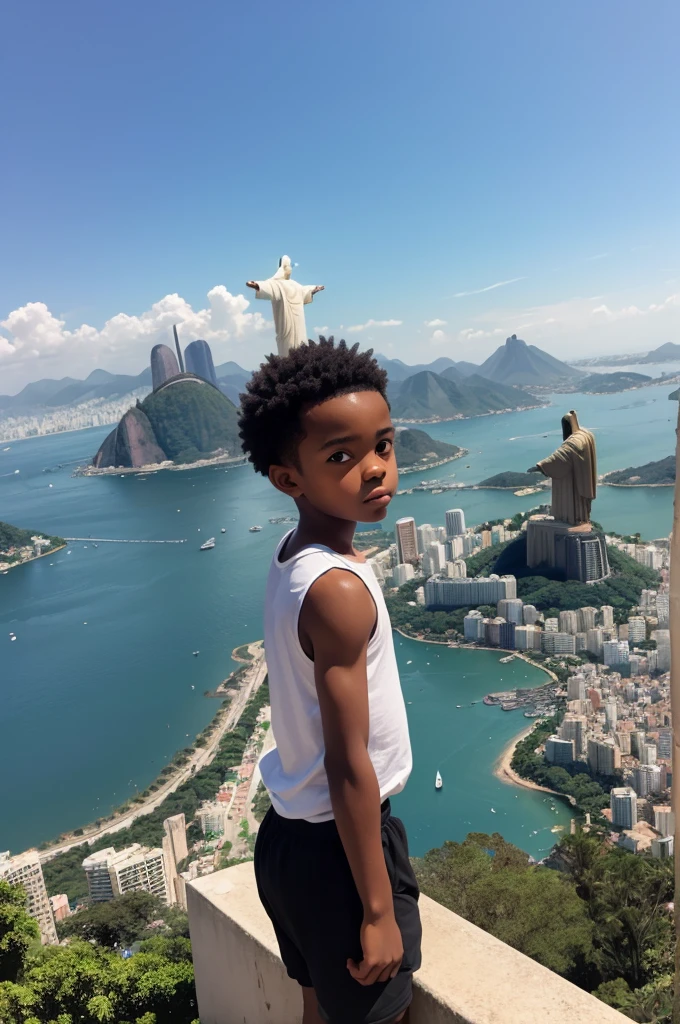 Black boy at the site of Christ the Redeemer looking at the hill in Rio de Janeiro