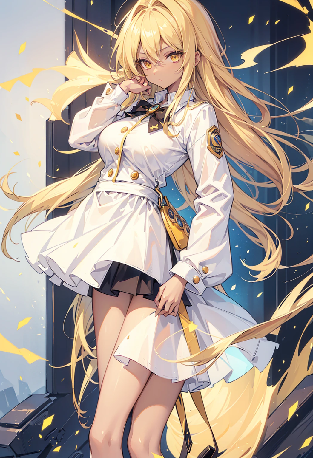 ((((masterpiece)))), high quality, very_high_resolution, large_filesize, full color,extremely detailed artwork,1 mature female((dark skin:1.5,golden eyes:1.4,Bright blonde hair:1.3,gal style,big boobs,)), Leopard-patterned underwear,tenjouin_asuka,1girl,blonde_hair,long_hair,duel_academy_uniform_\(yu-gi-oh!_gx\),brown_eyes,hair_between_eyes,large_breasts,yellow_eyes,blue_skirt,white_jacket,miniskirt,