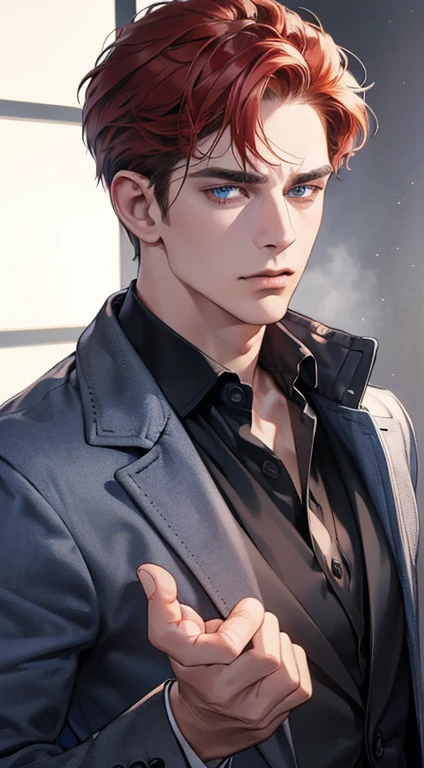 (best quality, masterpiece, 8K, photorealistic, cinematic lighting, 1:4 hdr image, ultra detailed, beautiful image), a mature man, 34 years very handsome, ((cold expression)), short red hair, blue eyes, face perfect without mistakes, ((buttoning his jacket, CEO))