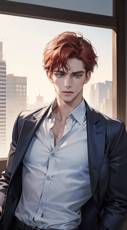 (best quality, masterpiece, 8K, photorealistic, cinematic lighting, 1:4 hdr image, ultra detailed, beautiful image), a mature man, 34 years very handsome, ((cold expression)), short red hair, blue eyes, face perfect without mistakes, ((buttoning his jacket, CEO))