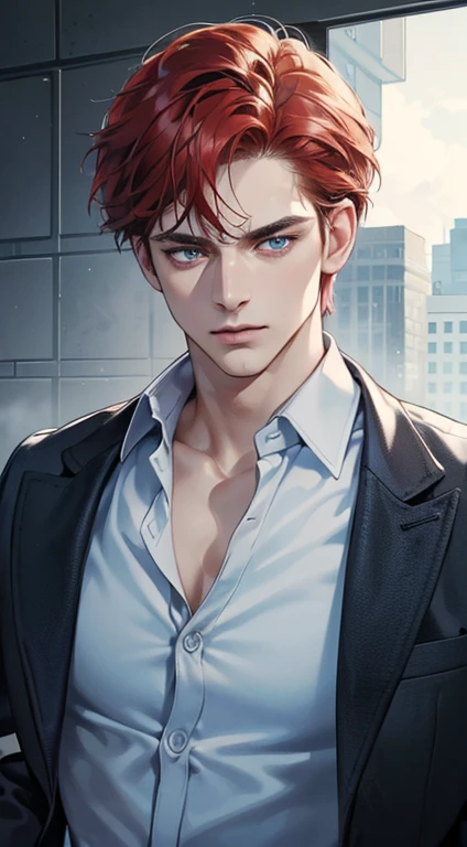 (best quality, masterpiece, 8K, photorealistic, cinematic lighting, 1:4 hdr image, ultra detailed, beautiful image), a mature man, 34 years very handsome, ((cold expression)), short red hair, blue eyes, face perfect without mistakes, ((buttoning his jacket, CEO))