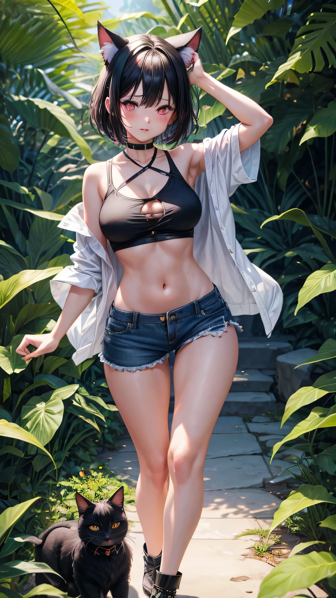 1girl, full body, black short hair, cat ear, glowing pink eyes, shirt one button, skirt jeans, underboobs , raised his hands behind his head, parted lips, big breast, blush, standing, midnight, hyper-detailed, high quality, 8k, photorealistic, professional digital painting, dramatic lighting, vibrant colors, intricate details, serene atmosphere, natural environment, ethereal, dreamy