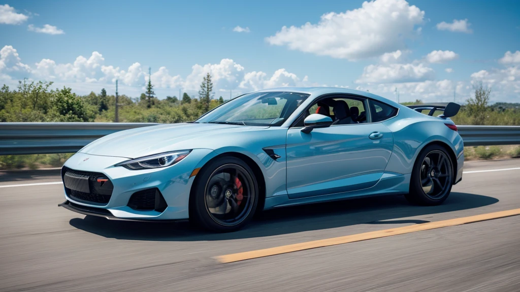 Generate an illustration of a sports car driving on a highway. The car should be either red or yellow with the front facing forward, viewed from the right side with a slightly top-down angle showing a bit of the car roof. The weather is clear with blue sky and white clouds. The style should be natural, minimalistic, sci-fi, bright, and with natural colors.
