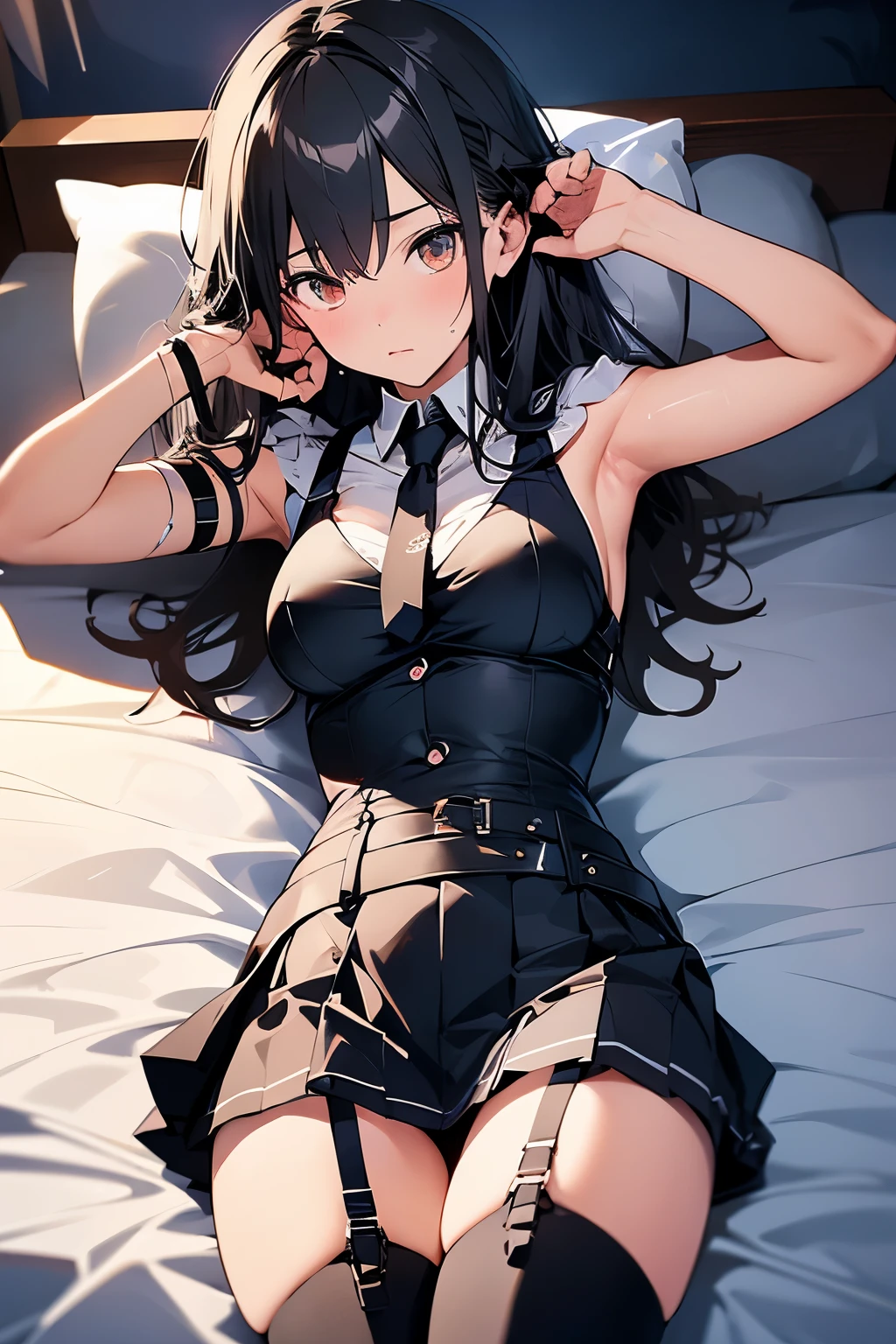Gazing at the audience Black suspenders bulging big breasts wall mini skirt garterbelt garter vision Small face holster Beautiful woman Show me your hands Lying in bed vision Taunt ~ side ~ side汗 arm belt summer Armpit sweat waiting to start