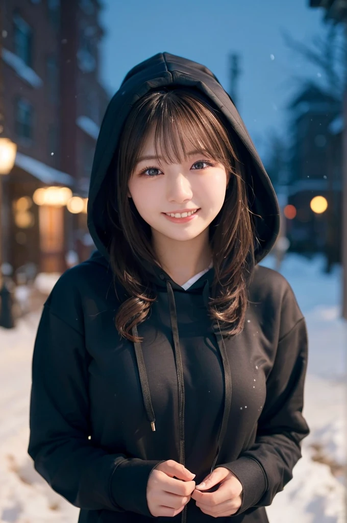 1 girl, (Wear a black hoodie:1.2), (original photo, highest qualThaty), (Practical, Practical:1.4), On the table, Very refined, Very detailed, 2k wallpapers, wonderful, Finely, Very detailed CG UnThaty 8K 壁紙, Very detailed, high resolution, Soft Light, Beautiful and delicate girl, Very detailed目と顔, Beautiful and delicate nose, Finelyて美しい目, Cinema Lighting, Illuminations That light up the cThaty on a snowy night, Snow Scene, That&#39;That&#39;That&#39;it&#39;Snowing, Snowflakes fall on my hair, Perfect anatomical structure, slim body, Very nervous, 
Straight half-length hair, Bangs, Looking at the audience, Smile、Plush scarf