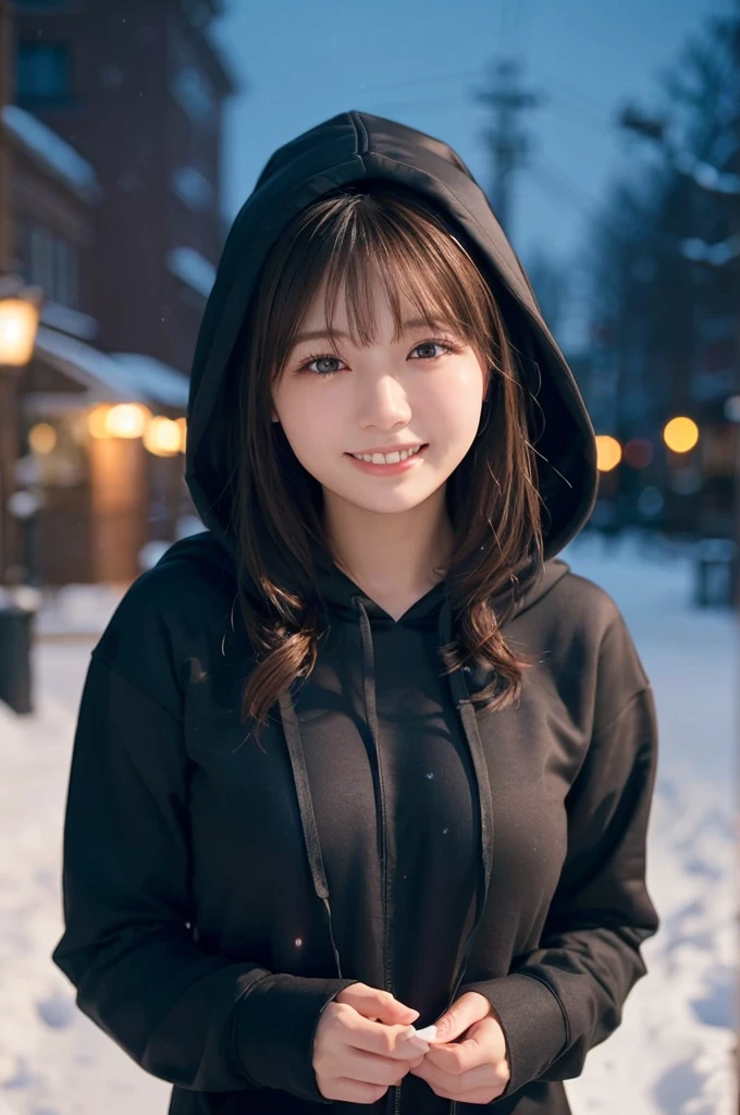 1 girl, (Wear a black hoodie:1.2), (original photo, highest qualThaty), (Practical, Practical:1.4), On the table, Very refined, Very detailed, 2k wallpapers, wonderful, Finely, Very detailed CG UnThaty 8K 壁紙, Very detailed, high resolution, Soft Light, Beautiful and delicate girl, Very detailed目と顔, Beautiful and delicate nose, Finelyて美しい目, Cinema Lighting, Illuminations That light up the cThaty on a snowy night, Snow Scene, That'That'That'it'Snowing, Snowflakes fall on my hair, Perfect anatomical structure, slim body, Very nervous,
Straight half-length hair, Bangs, Looking at the audience, Smile、Plush scarf