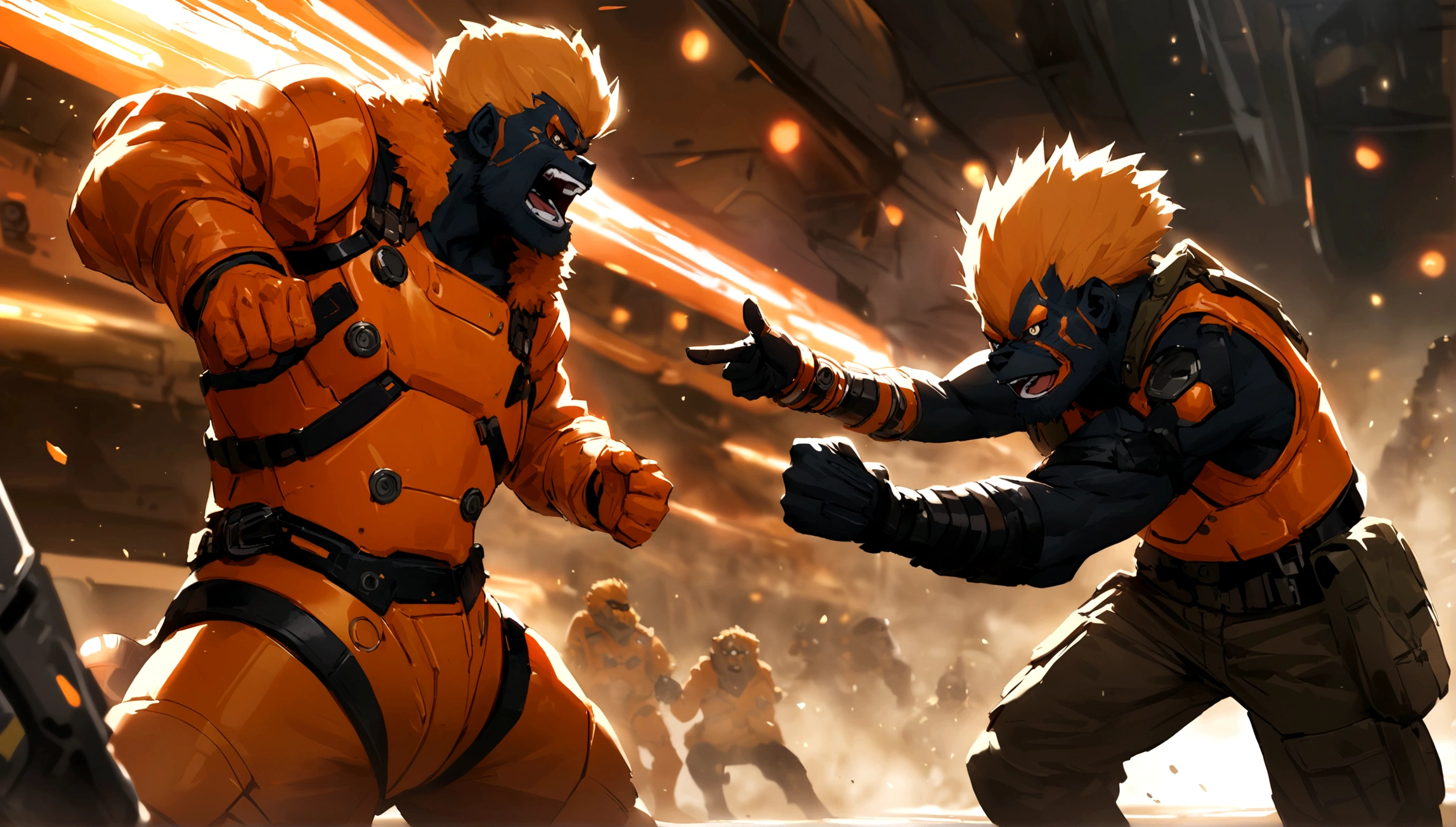 Futuristic punk orange guerilla ape with orange body armor black fur ready for battle one arm raised hand pointing to enemy shouting at enemy in battle zone side pose