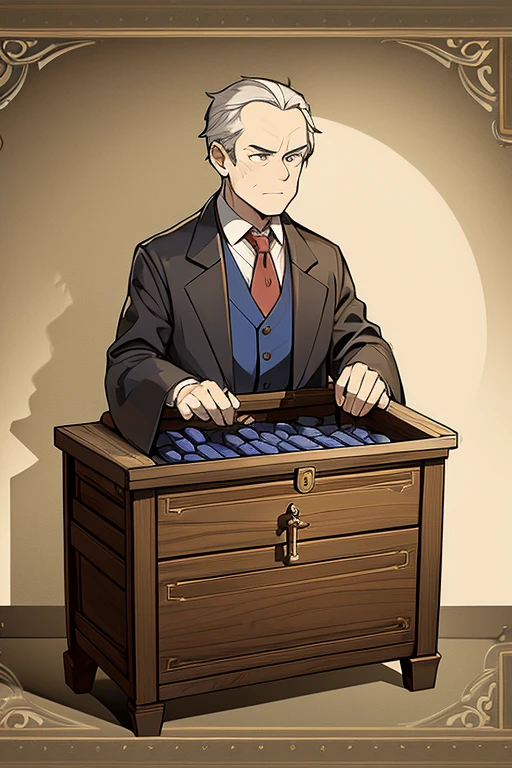 Middle age clergyman storing food in a locked chest
